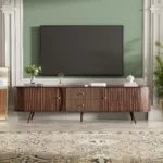 Goldoma 70-inch mid century modern wood tv stand with adjustable shelves in a living room