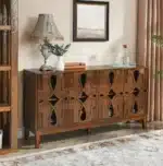 Goldoma Mid Century Modern Solid Wood Sideboard Buffet Cabinet with 4 Doors – TV Media Console Storage – in a cozy room