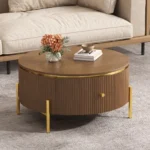 Goldoma round coffee table with two drawers in brown eco-friendly wood