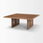 Double pedestal coffee table with brown solid wood top and natural wicker rattan base, square shape 42 inches, modern tropical design for living room