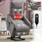 Light Grey Chenille Power Lift Recliner with Massage & Heat for Elderly, Heavy Duty Motion, Max Recline 155°