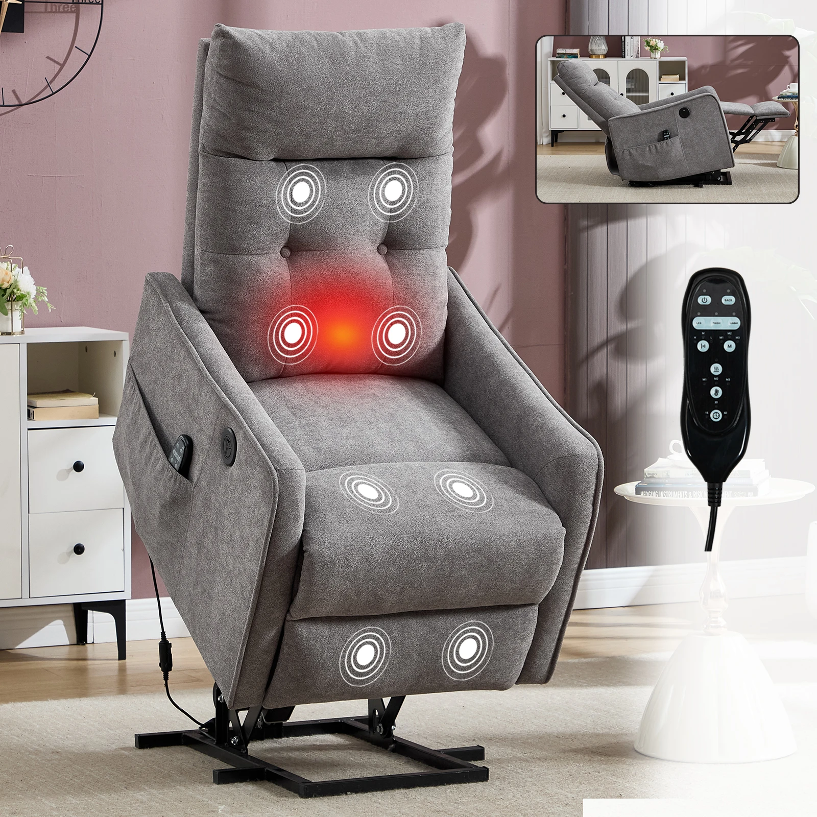 Hd4097221b1854dfa8a606070eadfdb5cM.webp Goldoma power lift recliner in light grey chenille upholstery with massage and heat, showing reclined position and side USB ports