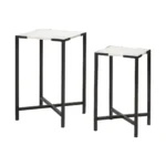 Goldoma 24 inch farmhouse marble end table with white marble top and black abstract iron base in living room setting