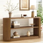 Goldoma solid wood console table with open shelves in a modern entryway