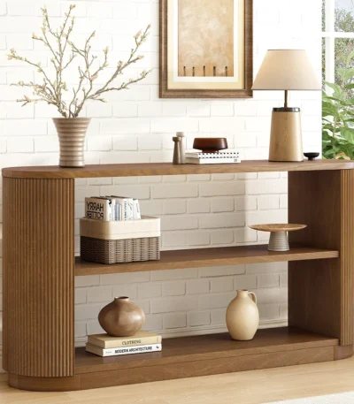 Goldoma solid wood console table with open shelves in a modern entryway