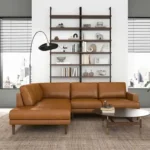 Goldoma modern left-facing sectional sofa bed in tan PU leather with sleeper function