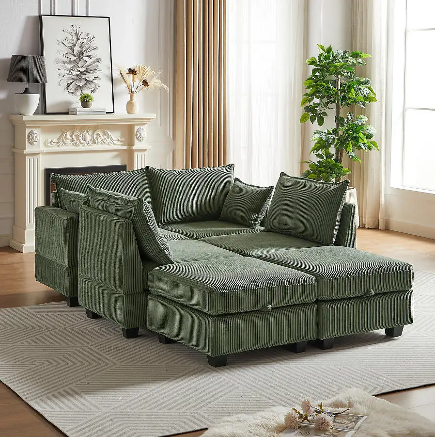 Goldoma Modern Corduroy U-Shaped Modular Sofa Bed with Memory Foam and Wood Legs
