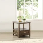 Goldoma brown adjustable console table with marble inset top and drawers in a modern living room setting
