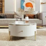 Goldoma round coffee table with two drawers in brown eco-friendly wood