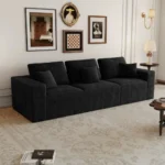 Goldoma modular loveseat sofa bed in black corduroy upholstery with iron legs, showing sofa bed conversion for small spaces