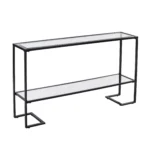 Goldoma 52 inch contemporary sled console table with clear glass top and black mirrored shelves in an entryway