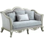 Goldoma Light Gray and Champagne Linen Damask Loveseat with Toss Pillows – styled in a modern Sofas setting