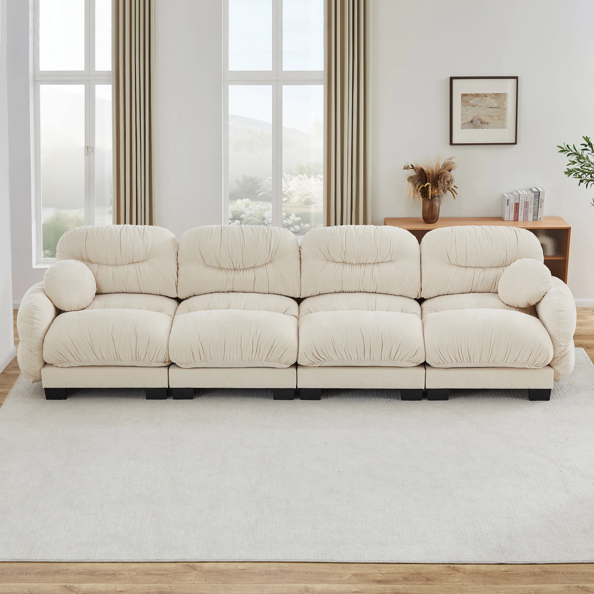 Hd654c88a08ae41abaaf54a4bde833397V.webp Pleated Design Cozy Chenille Fabric 4 Seater Modular Sofa Set with High-Density Ergonomic Foam Seat for Apartment & Hotel Use - Image 1