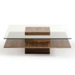 Goldoma glass and wood coffee table with shelf in living room