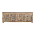 Goldoma 86" solid wood TV stand with hand-carved floral details and distressed finish in natural wood tone