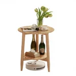 Solid beech wood nightstand with lower shelf - round modern end table for small spaces