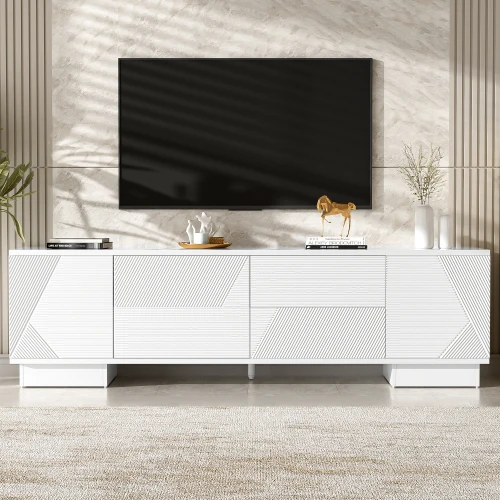 Hd857f61e6a8f497da46d6489b996ce31U.webp Goldoma mid-century TV stand for TVs up to 75 inches with wood finish and metal leg in a living room setting