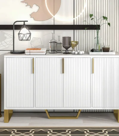 Goldoma modern solid wood sideboard with four doors and metal handles in a dining room setting