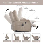Goldoma khaki chenille power lift recliner with massage and heat, showing the chair in upright position with soft fabric and side USB port