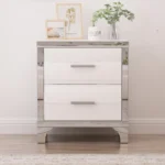 Goldoma high gloss white mirrored nightstand with two drawers in a modern bedroom setting