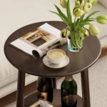 Solid beech wood nightstand with lower shelf - round modern end table for small spaces