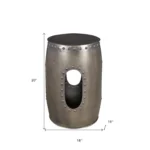 Goldoma nickel iron round end table with rivet detailing and convenient cutout for easy carrying