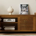 Mid century TV stand in solid oak with extendable top and adjustable shelves
