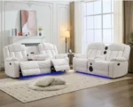 Goldoma wireless charging sofa set with LED lights and memory foam in black leather for modern living room