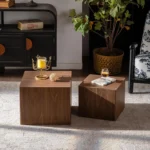Vintage boho nesting coffee table set in warm brown solid wood with two tables nested