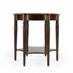 Goldoma 28-inch round coffee table with brown wood top and black metal shelf in a modern rustic living room