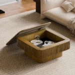 Goldoma modern square coffee table with storage in a living room, featuring a wood top and hidden compartment