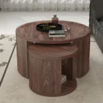 Goldoma round nesting coffee table set of 2 in natural wood and walnut finish, displayed in a modern living room