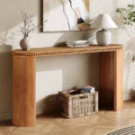 Goldoma vintage console table with beaded trim and reversible curved legs in oak finish