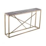 52-inch faux marble console table in gray and gold with storage shelf in living room