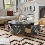 Modern round coffee table with drawer featuring marble pattern finish and solid wood legs - Goldoma