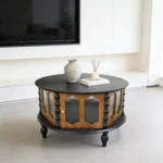 31.5-inch Round Three-Door Storage Coffee Table Modern Wooden Living Room Dining Furniture - Image 5
