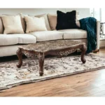 Goldoma 57 inch faux marble coffee table with oak base in living room