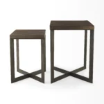 Goldoma brown solid wood square end table in living room with lamp and decor
