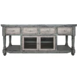 Goldoma 70" Blue and White Distressed Solid Wood TV Stand with Open Shelving – close-up detail