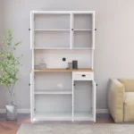 Modern pantry cabinet 71 inch with solid wood panel microwave countertop and six doors in white finish for kitchen storage organization