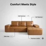 Goldoma brown faux leather cloud sectional sofa with tufted back and deep seat chaise in a modern living room