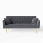 Modern 72-inch convertible sofa bed velvet tufted loveseat in beige, converted to bed mode in a living room