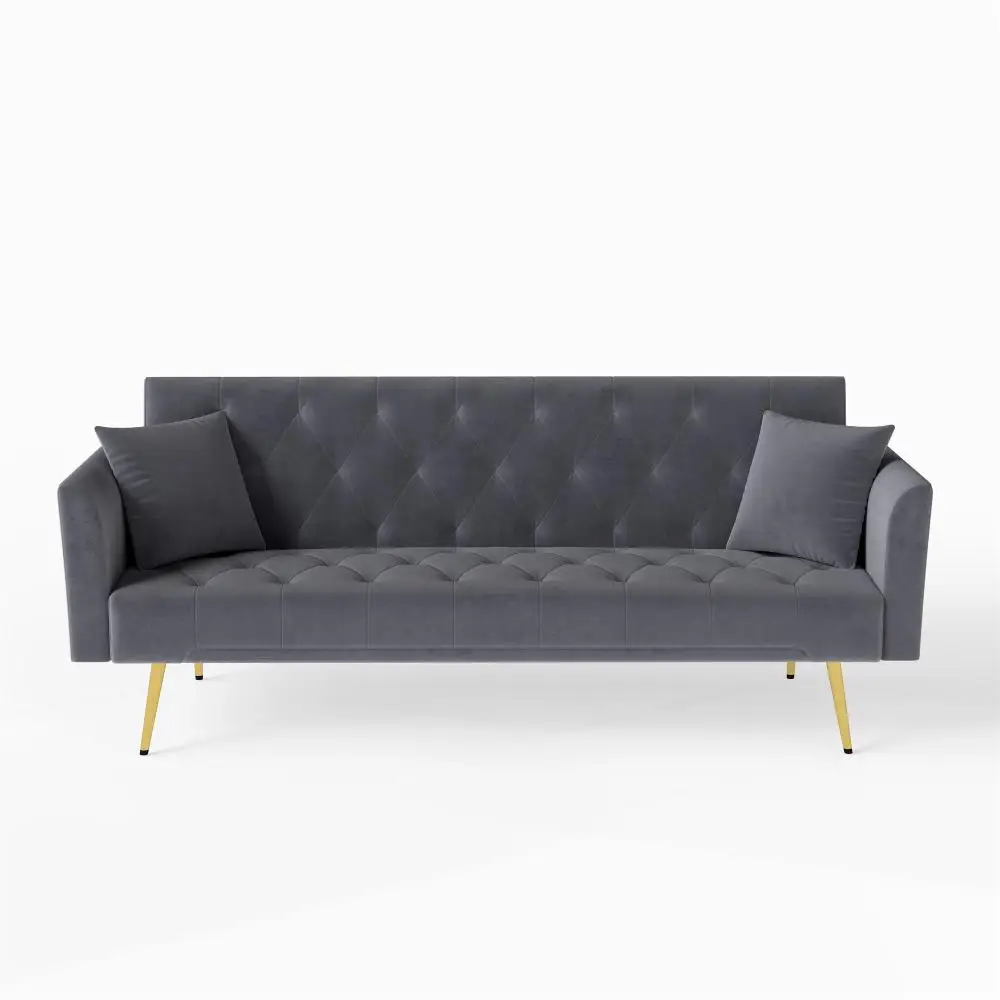 Hde8f1128bcb54ebd8ac940adbc9920faR.webp Modern 72-inch convertible sofa bed velvet tufted loveseat in beige, converted to bed mode in a living room