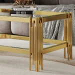 Goldoma double layer tempered glass coffee table with gold stainless steel frame in modern living room