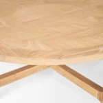 Round coffee table 39 inch natural and white distressed solid wood in a farmhouse living room