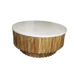 Goldoma 42 inch round marble coffee table with genuine ivory marble top and natural solid wood ribbed base in a modern living room