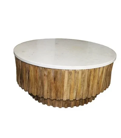 Goldoma 42 inch round marble coffee table with genuine ivory marble top and natural solid wood ribbed base in a modern living room