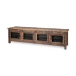 Rustic TV stand 76 inch reclaimed wood with distressed brown finish and enclosed storage doors
