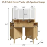 Goldoma corner makeup vanity desk with 3-way adjustable lighted mirror and USB charging station in natural oak finish