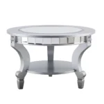 Silver mirrored round coffee table with metal frame in living room - Goldoma 29 inch round mirrored coffee table